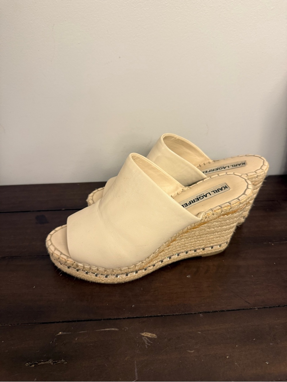 Karl Lagerfeld Paris Carina Cream Leather Espadrille Wedge Sandals 8.5